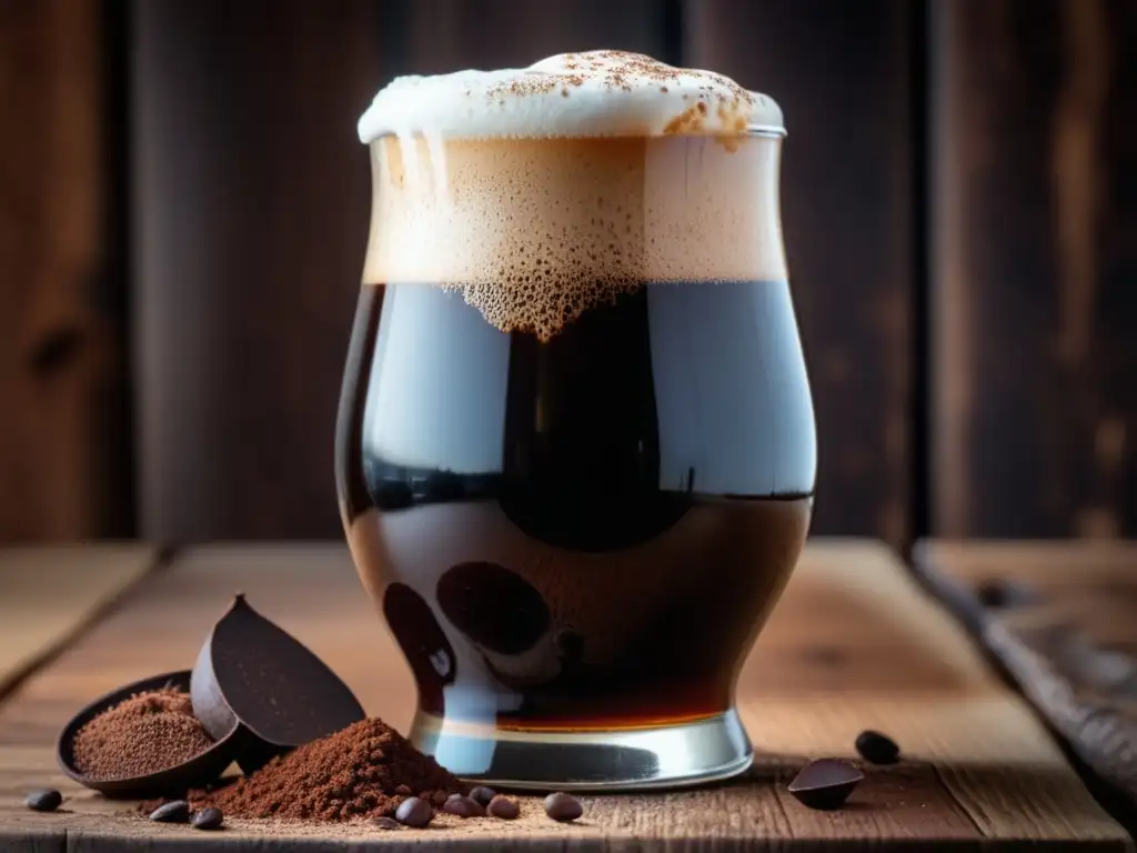 Cacao Stout con espuma cremosa Imagen de cerveza Cacao Stout con kits experimentales, mesa de madera, granos de cacao, granos de café y espuma cremosa