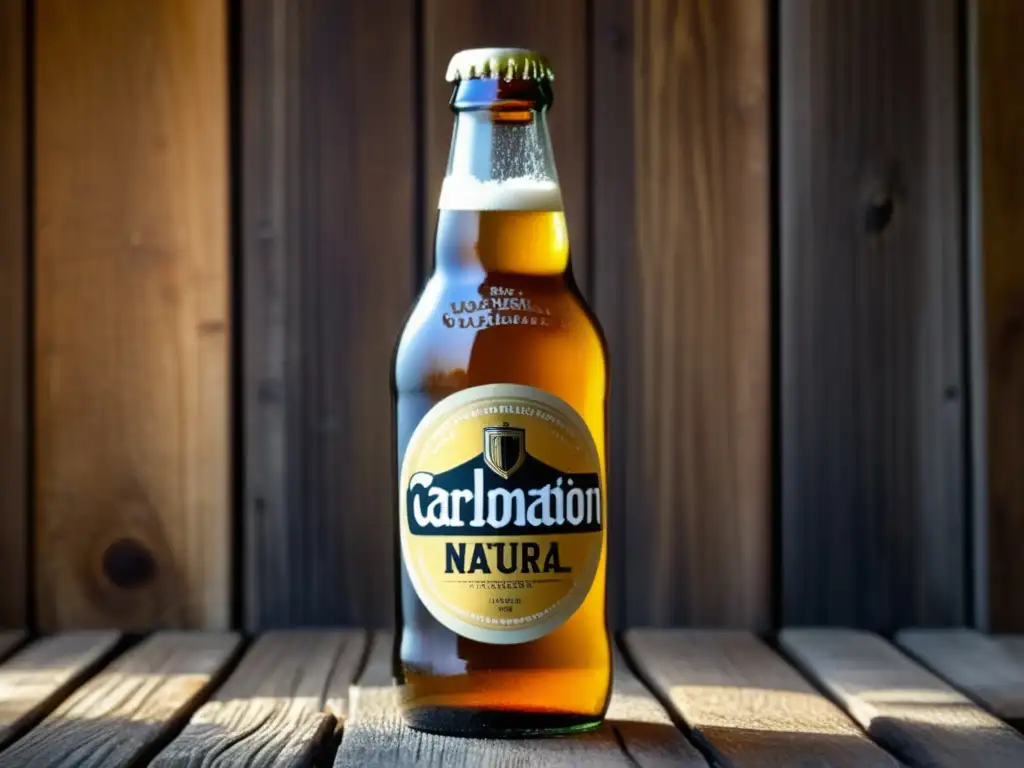Cerveza artesanal con carbonatación natural Botella de cerveza dorada con carbonatación natural en superficie de madera rústica