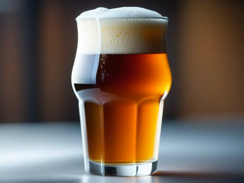 Una cerveza Cascade Pale Ale perfectamente servida, con color ámbar y espuma blanca, resalta su claridad y textura