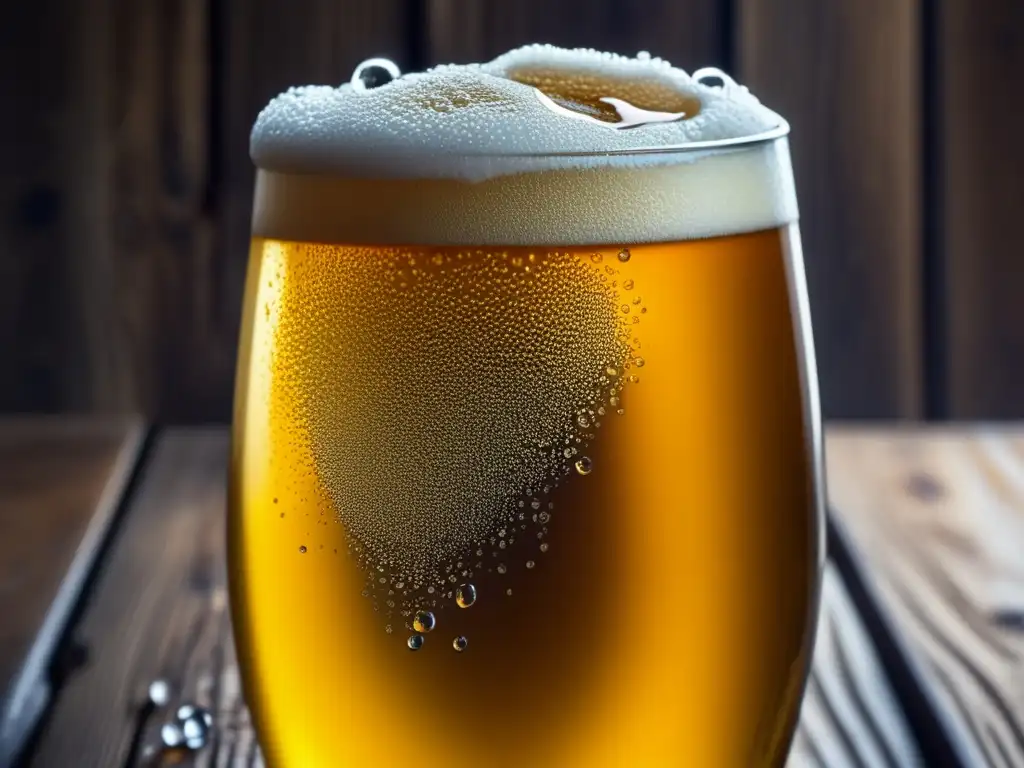 Cerveza casera con burbujas detalladas - Detalle de una cerveza casera en un vaso de vidrio con burbujas, sobre una mesa de madera rústica