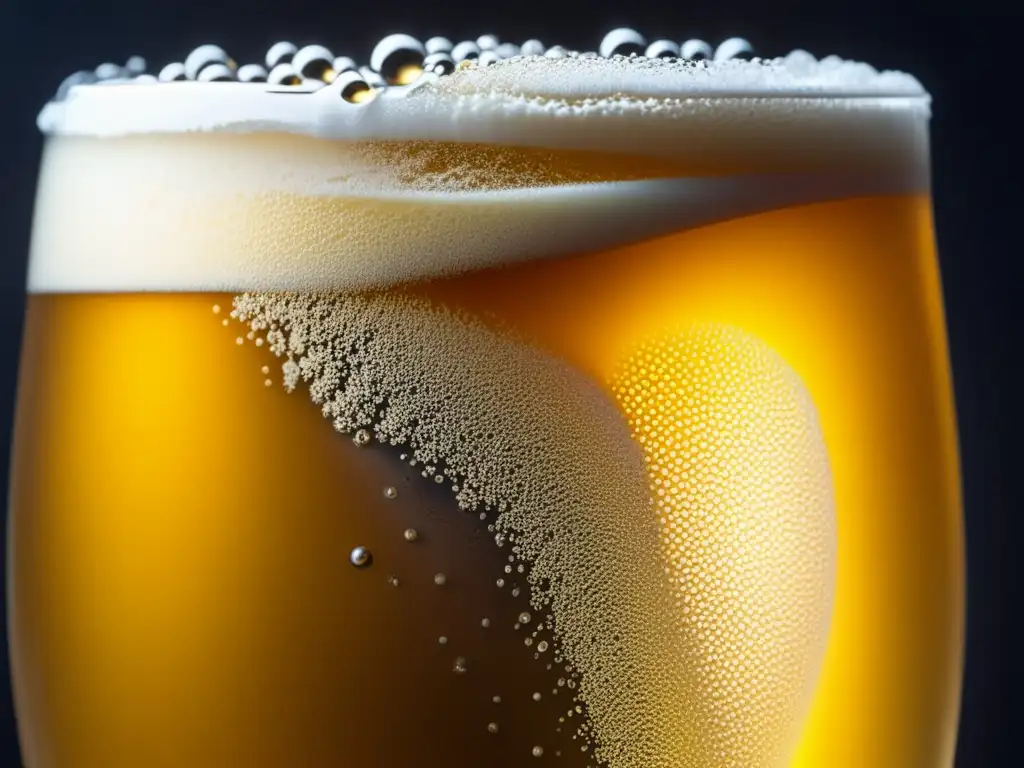 Cerveza casera dorada con burbujas y espuma Taller de Homebrewing: Cerveza casera dorada con burbujas y espuma cremosa en un vaso, resaltando los detalles y textura velvetada