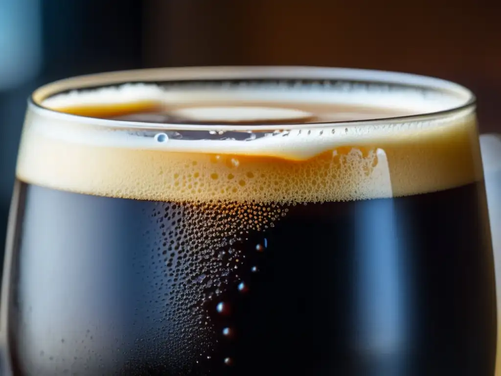 Cerveza casera oscura y espumosa Cerveza stout casera con textura aterciopelada y color profundo, coronada por una espuma cremosa y burbujas efervescentes