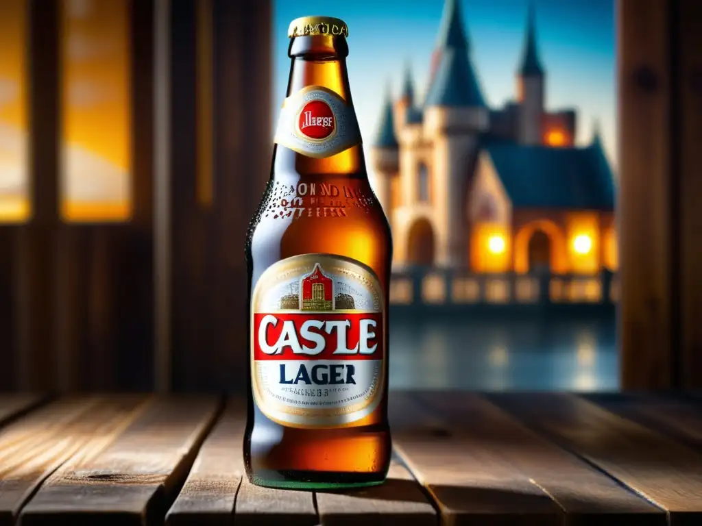 Botella de cerveza Castle Lager fría, brillante y refrescante en mesa de madera