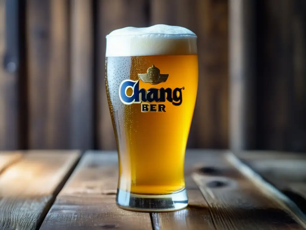 Cerveza Chang en mesa de madera Vaso de cerveza Chang en mesa de madera rústica: refrescante y espumosa, con condensación y burbujas