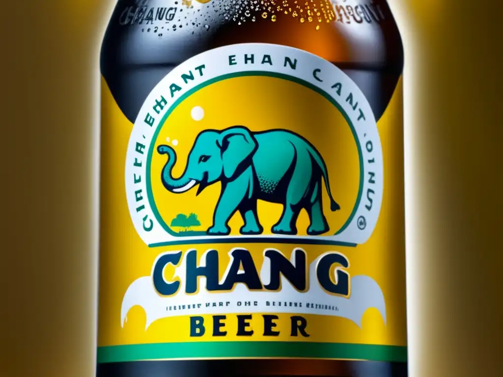 Botella fría de Chang Beer con condensación y etiqueta destacada del icónico logo de elefante en un fondo tailandés