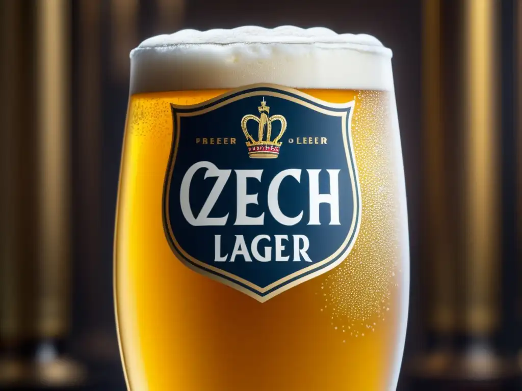 Cerveza checa dorada en vaso alto elegante Cerveza Czech Lager en vaso elegante y burbujeante