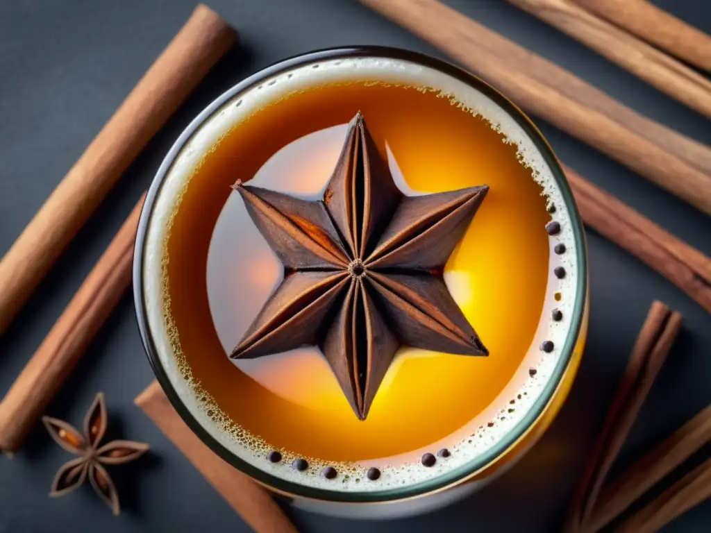 Cerveza con especias: una fusión irresistible Cerveza con especias, vidrio lleno de ámbar, condensación y especias aromáticas