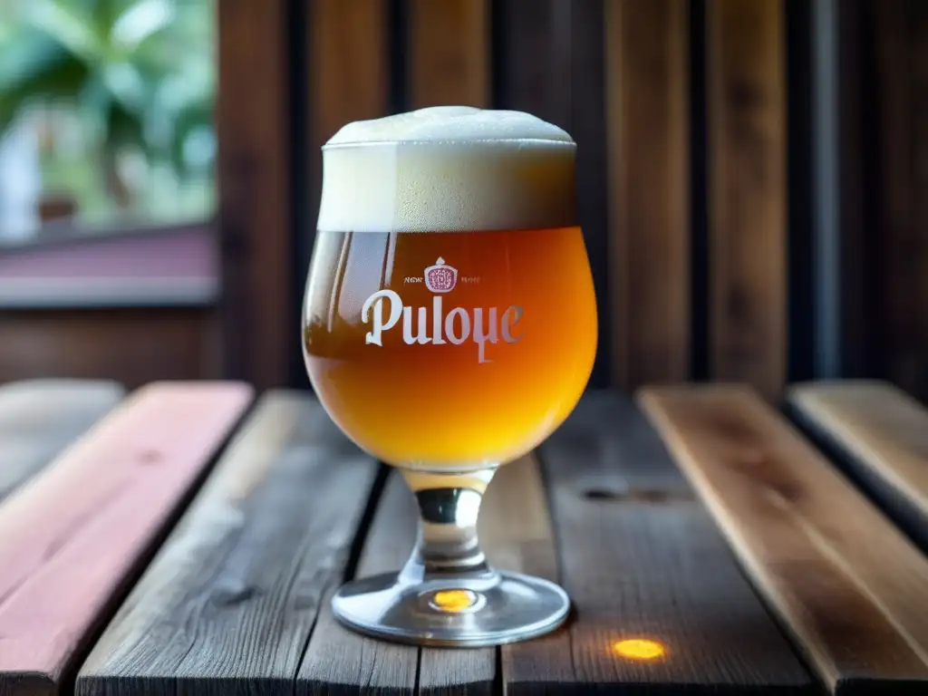 Cerveza Cru Cru Pulque Sour en mesa de madera Vaso de Cerveza Cru Cru Pulque Sour con espuma cremosa y toque de lima, sobre mesa de madera rústica