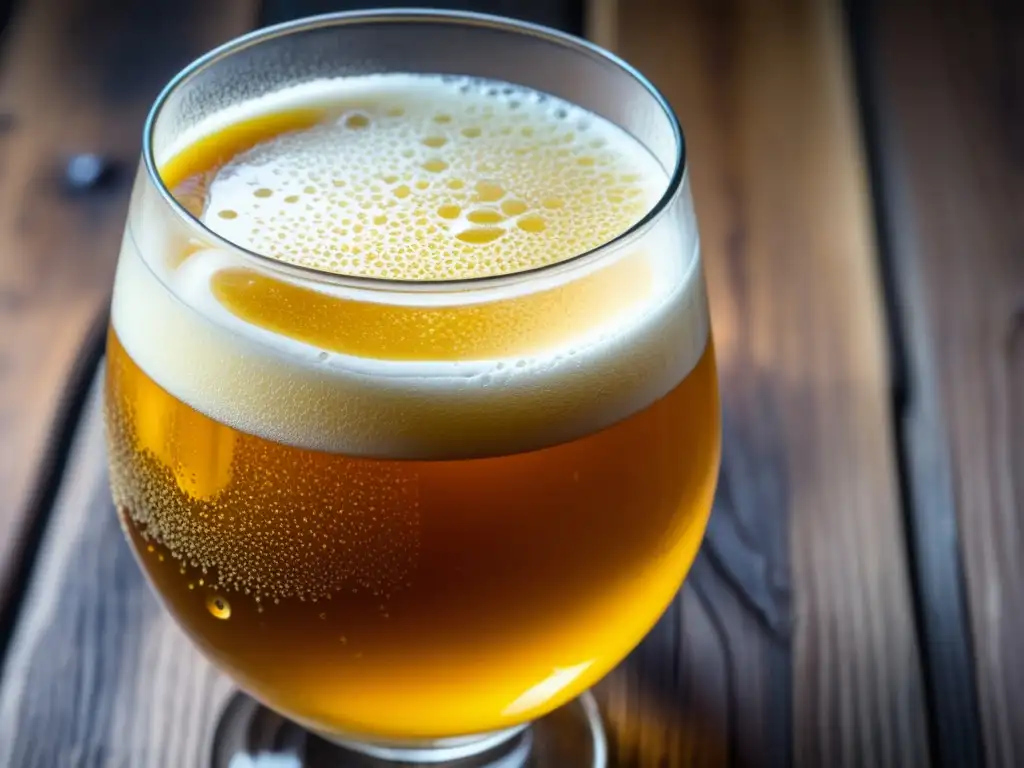 Detalle de Cerveza Cru Cru Pulque Sour en vaso Cerveza Cru Cru Pulque Sour Ale en vaso dorado con condensación en mesa de madera