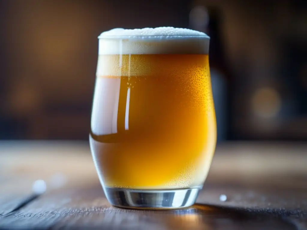 Cerveza Cusqueña: closeup de vidrio con espuma cremosa, color dorado y textura rica