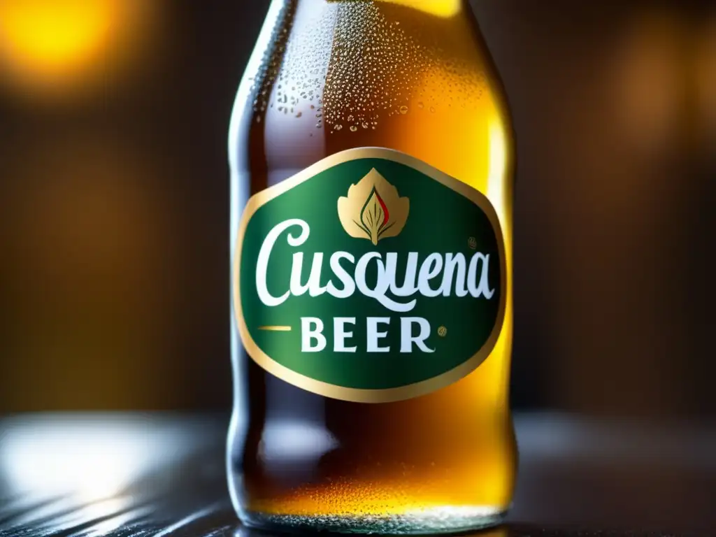 Una botella de Cusqueña con condensación y un elegante acabado mate, resaltando los tonos dorados de la cerveza