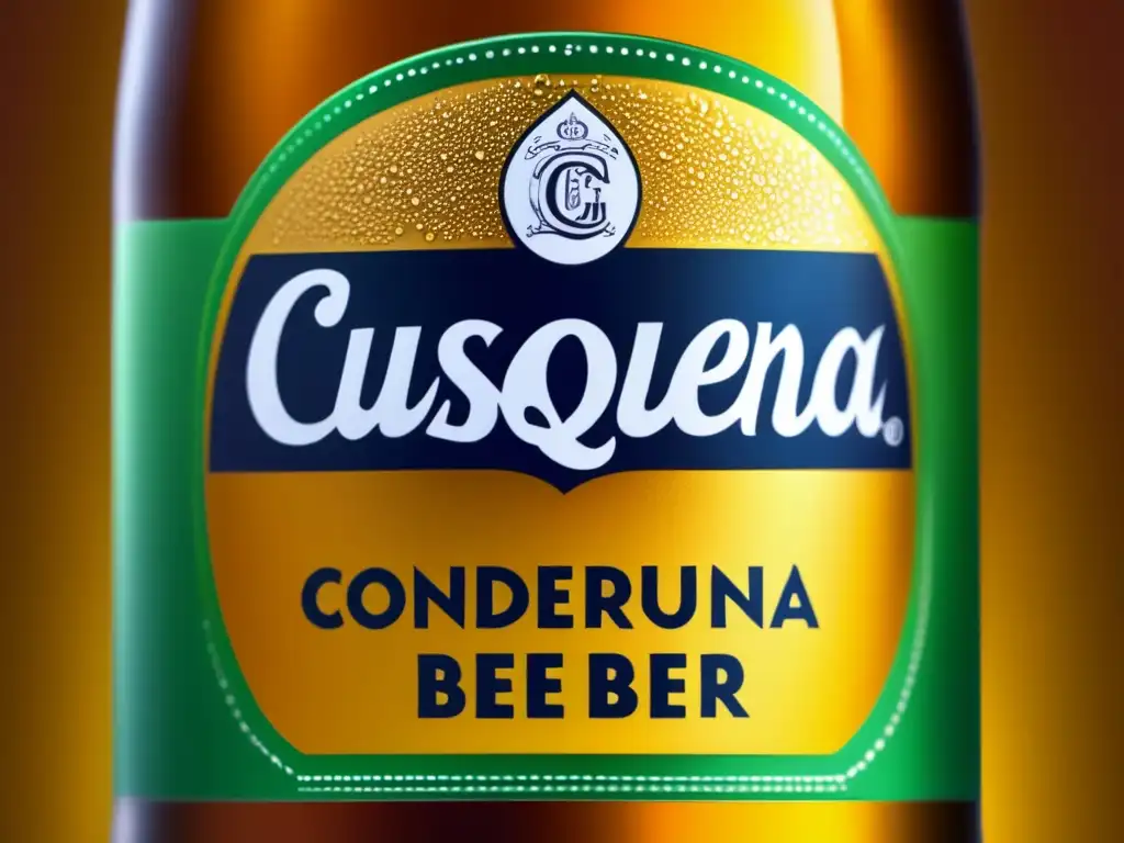 Botella helada de Cusqueña con logo vibrante y detalles intrincados