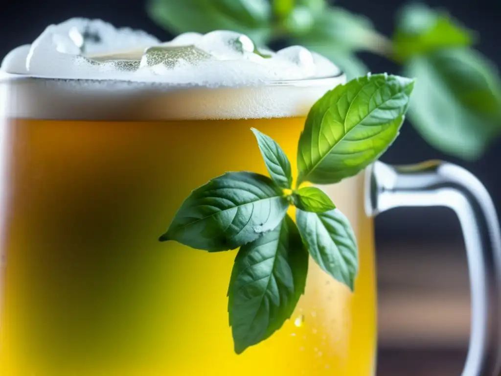 Cerveza con especias: un vaso helado de cerveza con infusión de albahaca y limón, condensación brillante y detalles vibrantes