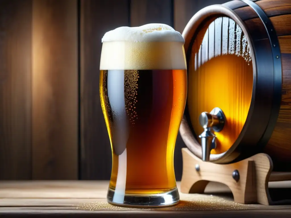 Cerveza ámbar con burbujas detalladas Cerveza ámbar con burbujas, espuma densa y detalles de barril - Ediciones limitadas