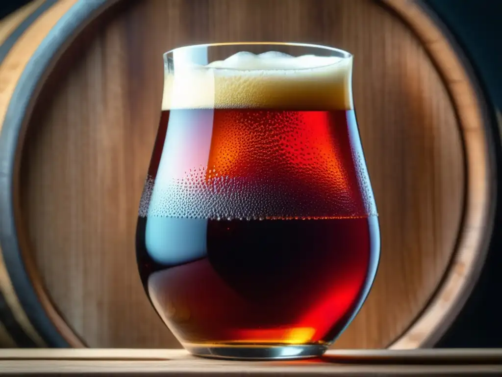 Cerveza artesanal con cerezas Detalle de una cerveza American Wild Ale en un vaso sobre un barril de madera, rodeado de cerezas rojas