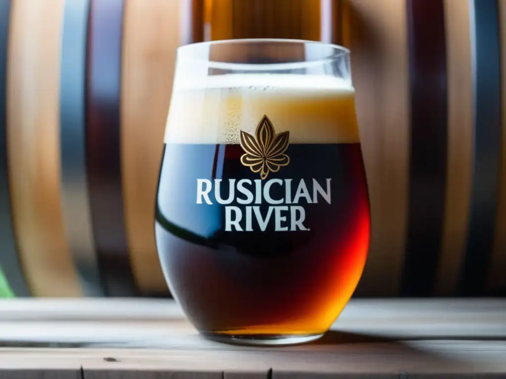 Cerveza ámbar con espuma cremosa y cereza seca Cerveza American Wild Ale en barril con espuma cremosa, color ámbar, burbujas efervescentes y adornada con cereza seca