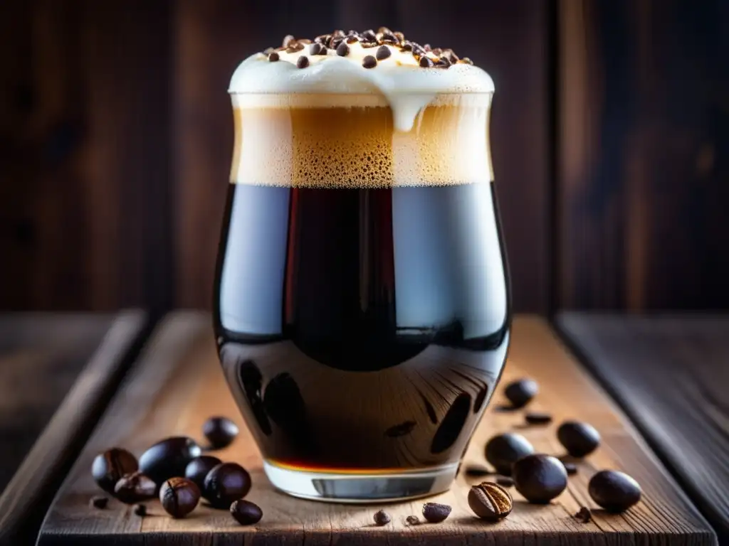 Cerveza stout cremosa y tentadora Cerveza stout rica y oscura con espuma cremosa, sobre mesa de madera con café y cacao - Kits experimentales