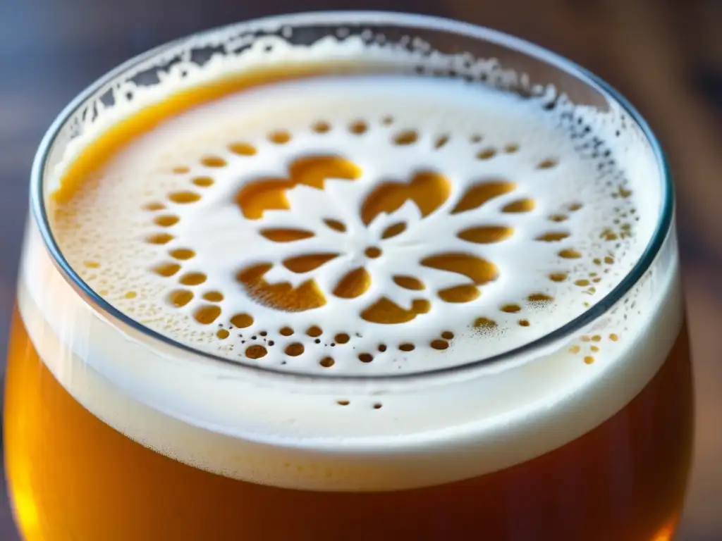 Detalle de una cerveza de calabaza ámbar Cerveza de calabaza bronceada con espuma cremosa y tonos cálidos