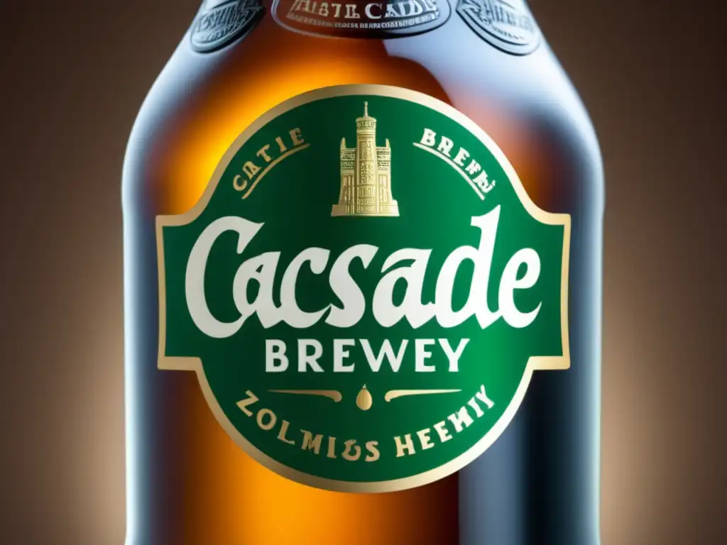 Cerveza Cascade Brewery: Detalles intrincados de la botella resaltan su elegancia y sofisticación, mostrando la herencia de la marca