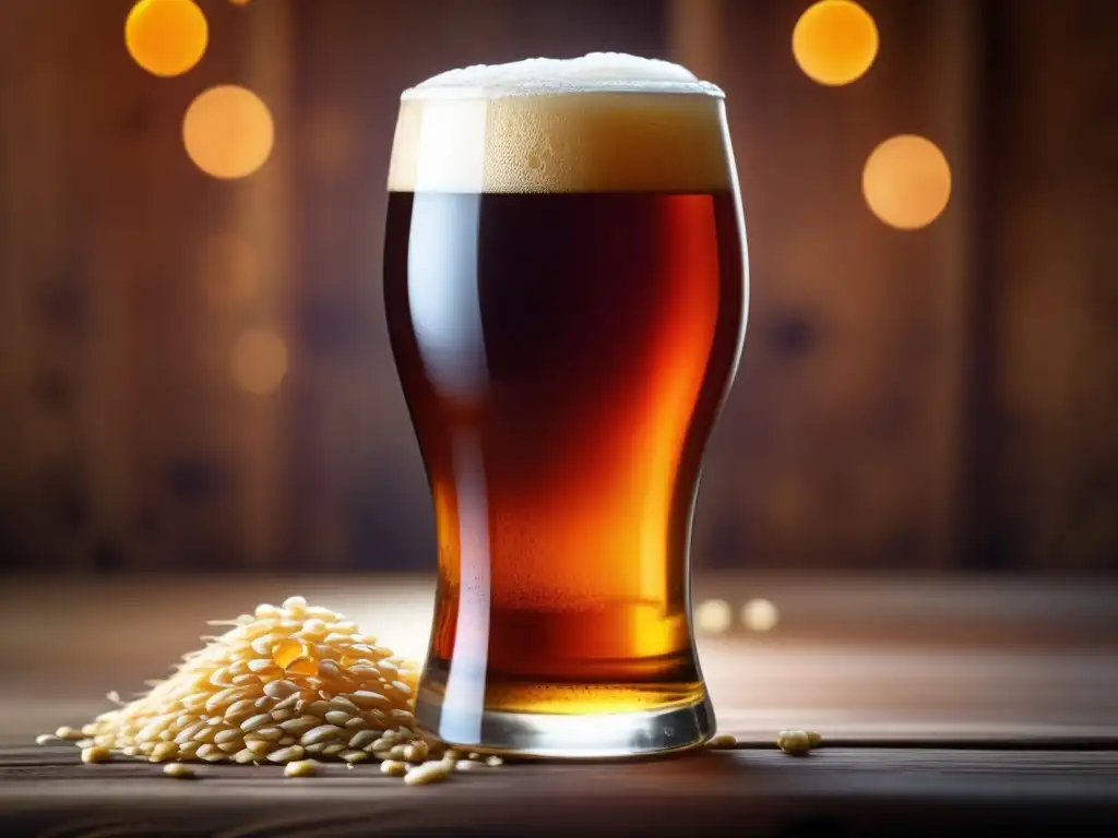 Cerveza de cebada ámbar en vaso de cristal Detallada imagen de una cerveza de malta ámbar con textura rica y espesa en un vaso, rodeada de granos de cebada y ramitas de lúpulo