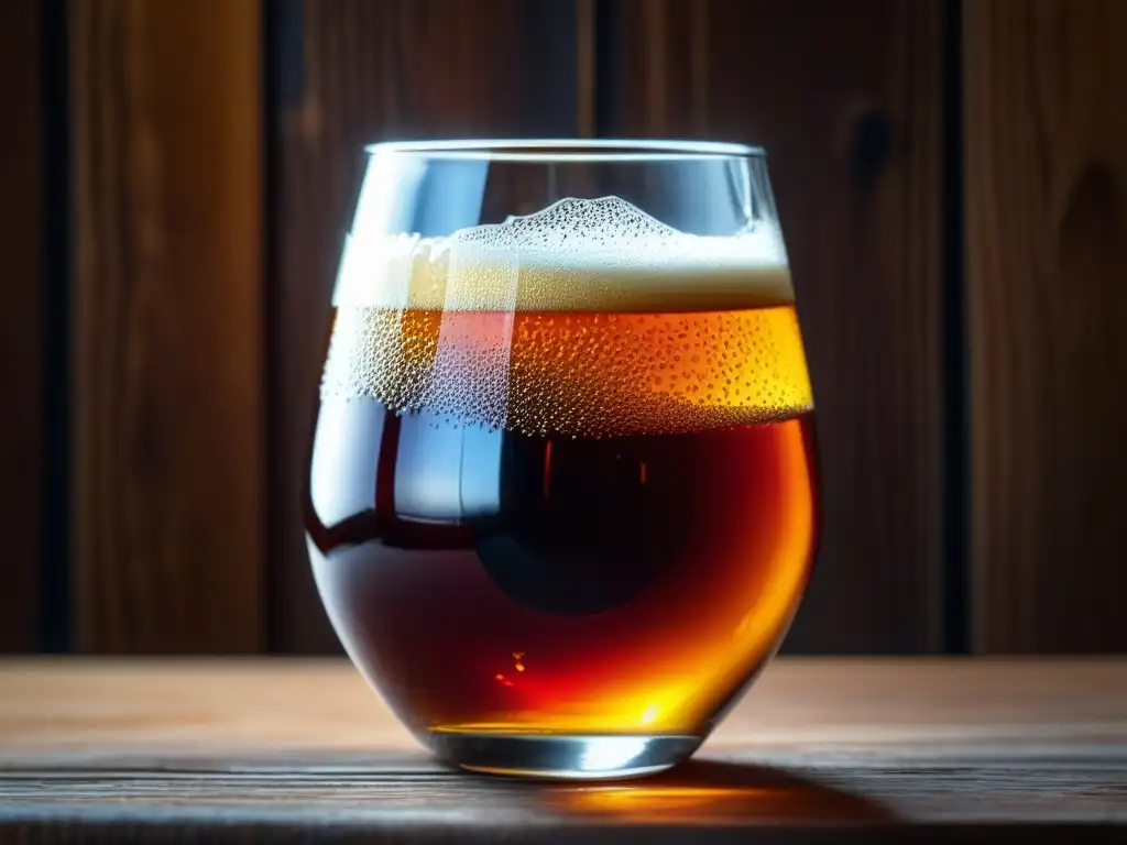 Delicioso barleywine en vaso de cristal Cerveza de malta dorada con burbujas y espuma en vaso de vidrio, sobre mesa de madera
