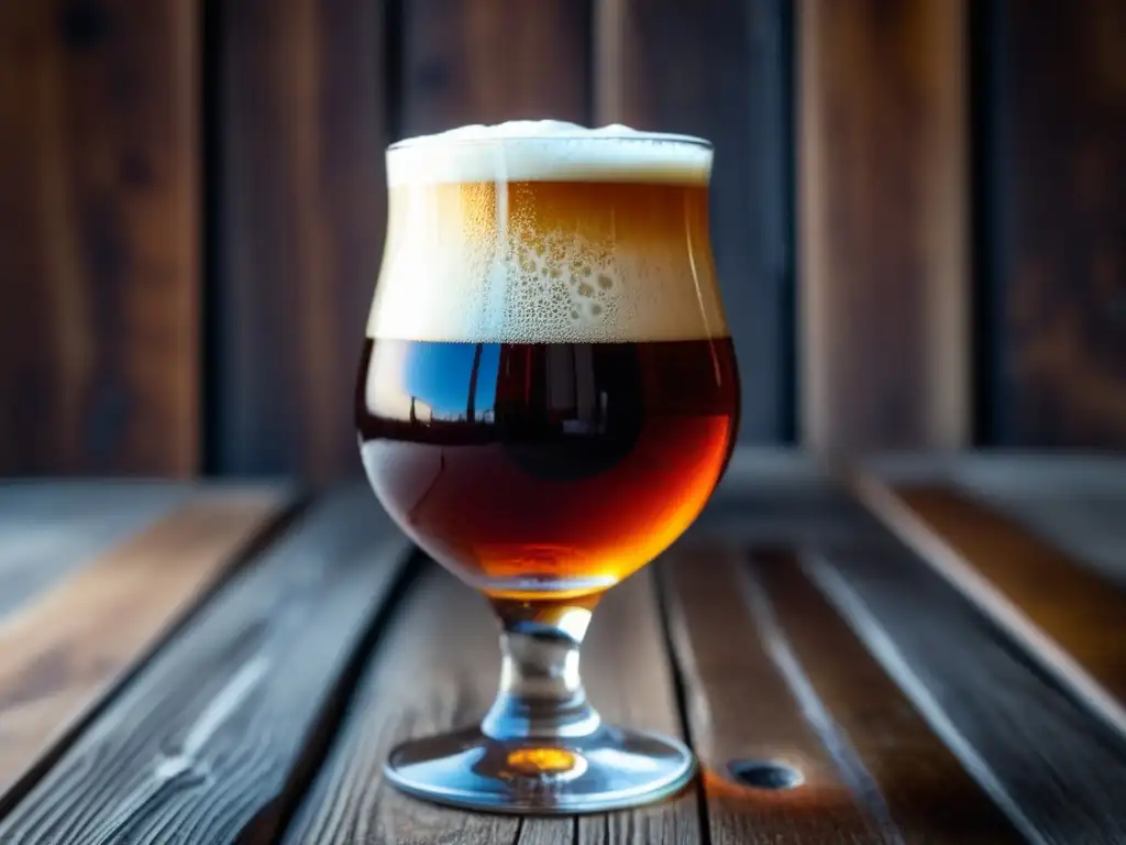Cerveza Barleywine en copa de vidrio ámbar, sobre mesa de madera rústica