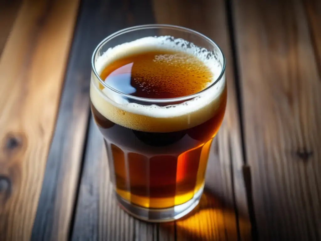 Cerveza de centeno Roggenbier en vaso de vidrio ámbar, sobre mesa de madera rústica