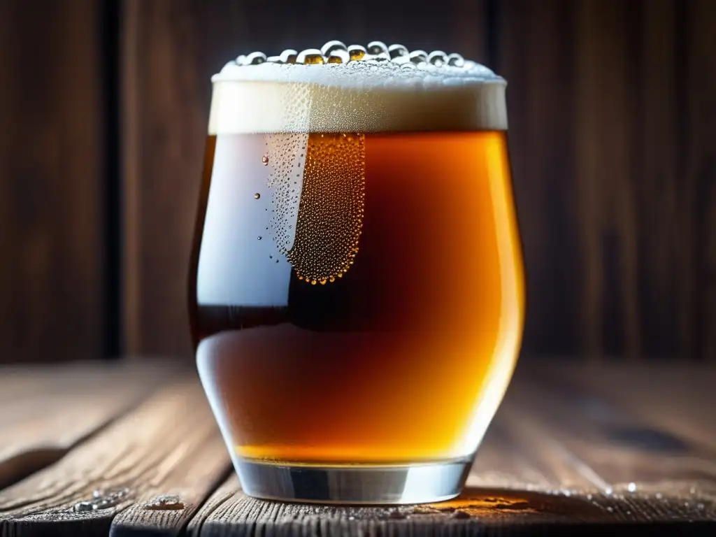 Cerveza Roggenbier Schlenkerla: detalle exquisito de la cerveza ámbar con burbujas y espuma cremosa, resaltando su artesanía