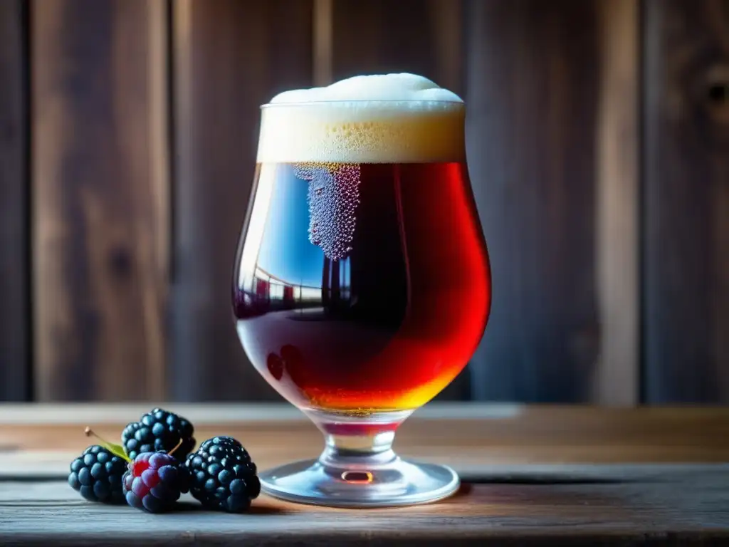 Cerveza roja con espuma cremosa y mora Cervezas de Fermentación Espontánea y Frutos del Bosque, cerveza roja vibrante con espuma cremosa, decorada con una jugosa mora