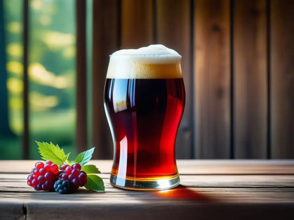 Cerveza de fermentación espontánea con frutas del bosque Cervezas de Fermentación Espontánea y Frutos del Bosque en una imagen de cristal con líquido rojo vibrante, burbujas y frutas del bosque flotando