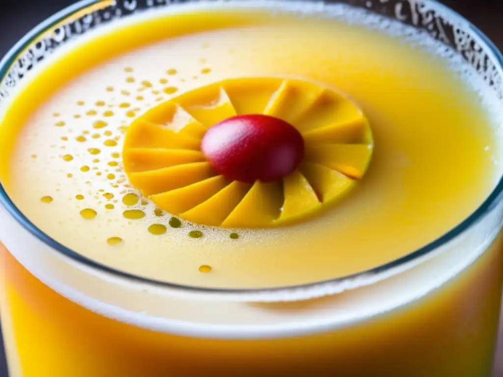 Cerveza de mango y chile refrescante Cerveza de mango y chile en vaso con mango, chile y burbujas - Mercado de Nicho