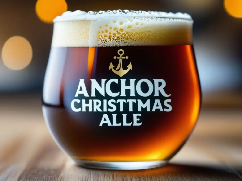 Cerveza Navidad ámbar con espuma cremosa Vaso de Christmas Ale: color ámbar, espuma cremosa, burbujas efervescentes, condensación y efecto bokeh suave