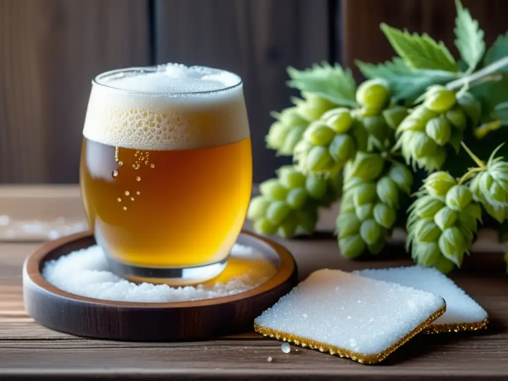 Cerveza Snow Beer en vaso helado rodeado de lúpulo, cebada y posavasos