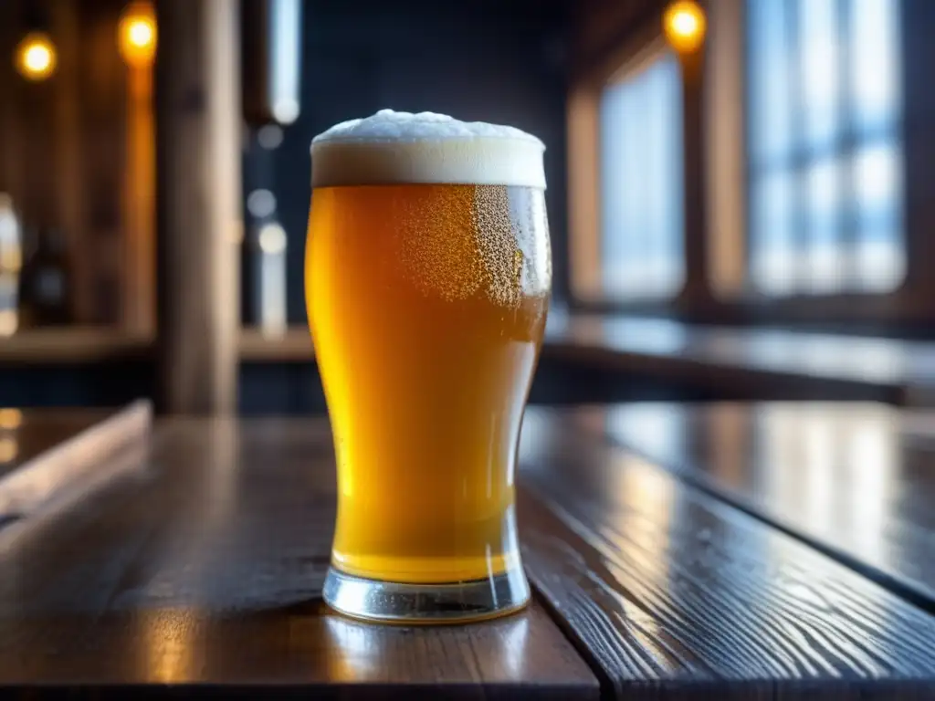 Cerveza de trigo americana dorada American Wheat Beer en vaso de vidrio con espuma y condensación