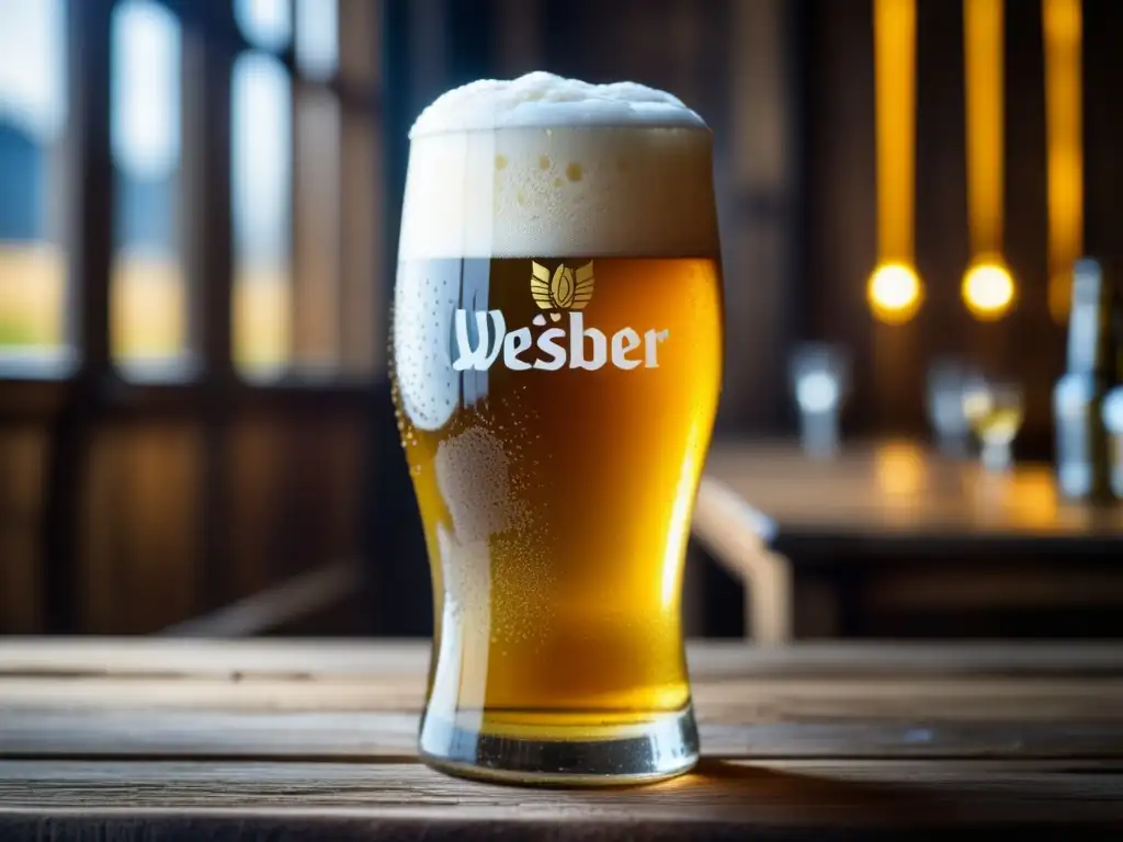 Cerveza de trigo alemana en vaso Detalle de cerveza de trigo (Weissbier) con burbujas y condensación en vaso de madera - El Mito del Reinheitsgebot