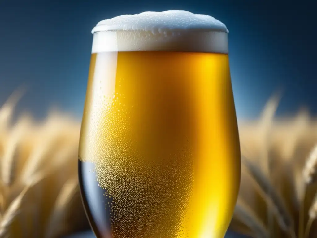 Cerveza de trigo dorada y espumosa Cerveza de Trigo: Imagen 8k de cerveza dorada y espumosa en vaso de vidrio helado