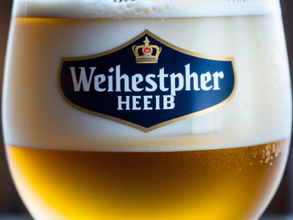 Cerveza de trigo Weihenstephaner con espuma blanca Cerveza de trigo Weihenstephaner con espuma blanca y burbujas efervescentes