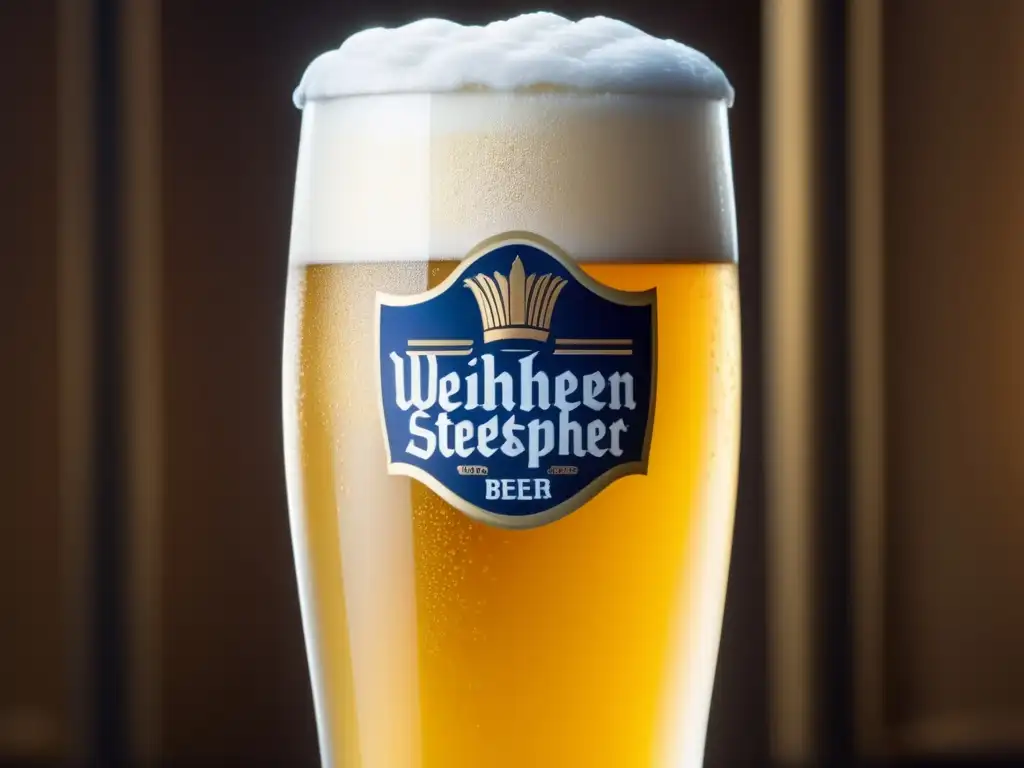 Cerveza Weihenstephaner Hefeweissbier con espuma cremosa y burbujas efervescentes