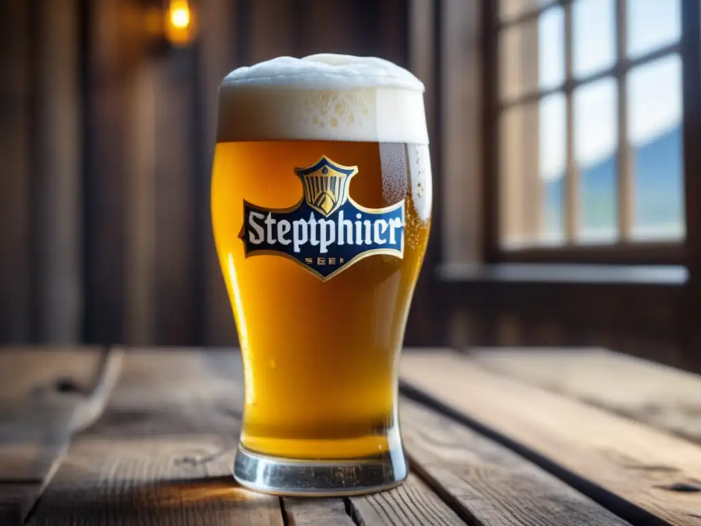 Cerveza dorada en vaso de Weihenstephaner Cerveza Weissbier en vaso, ambiente cálido y vibrante