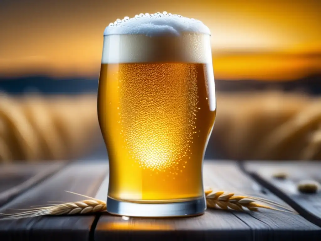 Cerveza de trigo refrescante Cervezas de Trigo y Mariscos: Vaso de cerveza de trigo dorada, con espuma blanca, burbujas y limón