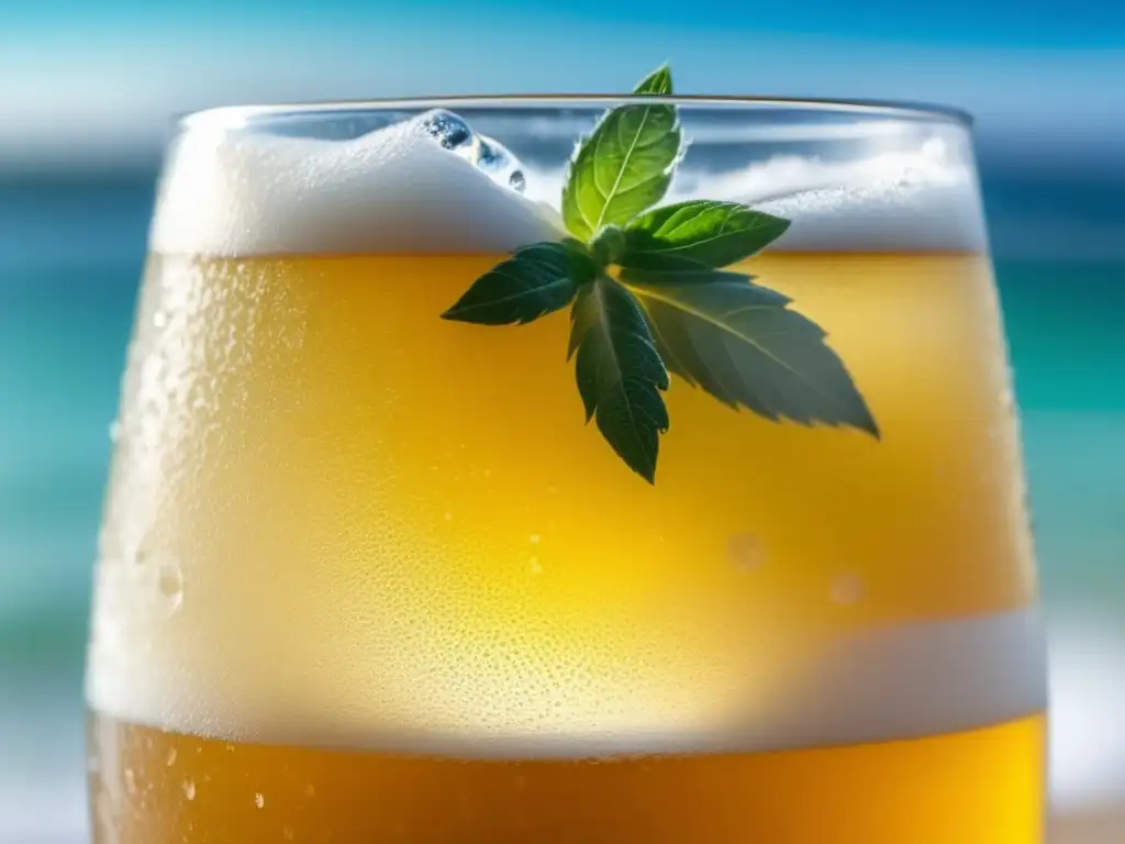 Refrescante cerveza de trigo con limón y menta Cervezas de Trigo y Mariscos - Vaso de cerveza de trigo dorada con limón y menta, burbujas y frescura marina