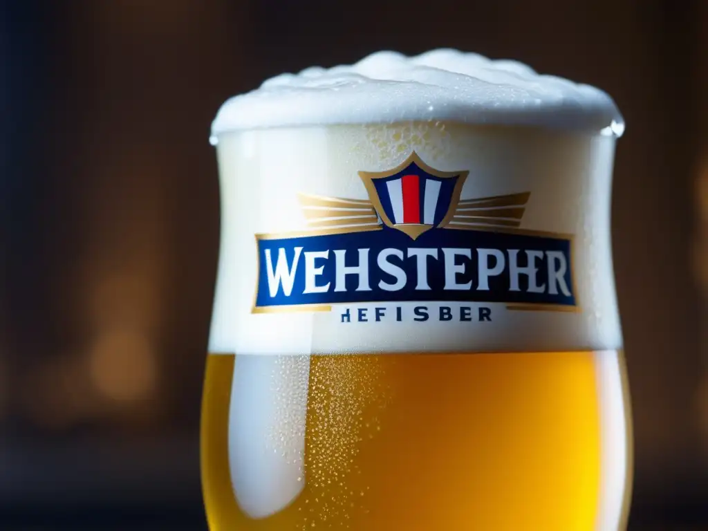 Vaso de Weihenstephaner Hefeweissbier dorada con espuma cremosa y burbujas elegantes