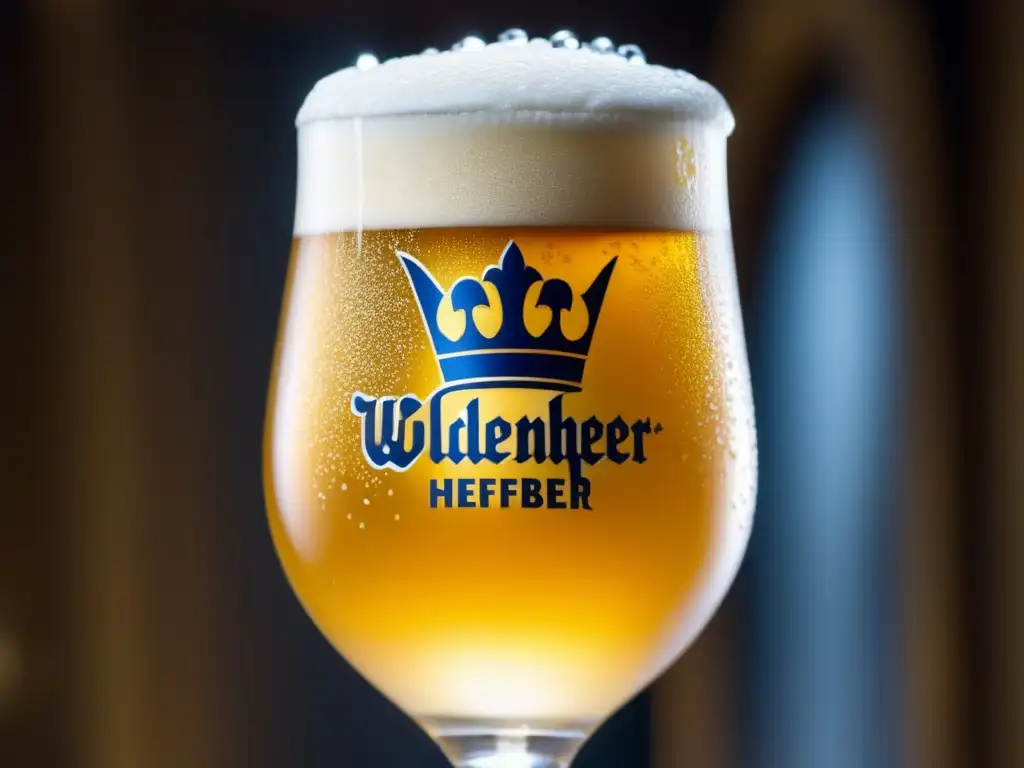 Cerveza dorada con espuma y condensación Cerveza Weissbier dorada con espuma en vaso, elegante y profesional