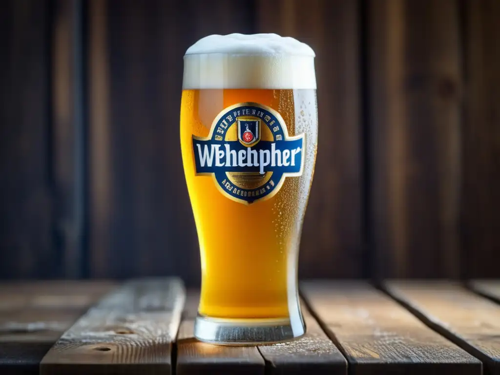 Cerveza de trigo dorada y cremosa en mesa rústica Cerveza Hefeweizen dorada con espuma cremosa y detalle intrincado