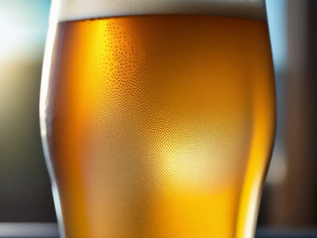Cerveza dorada en vaso con burbujas Cerveza de verano dorada con burbujas y condensación, resaltando su color vibrante