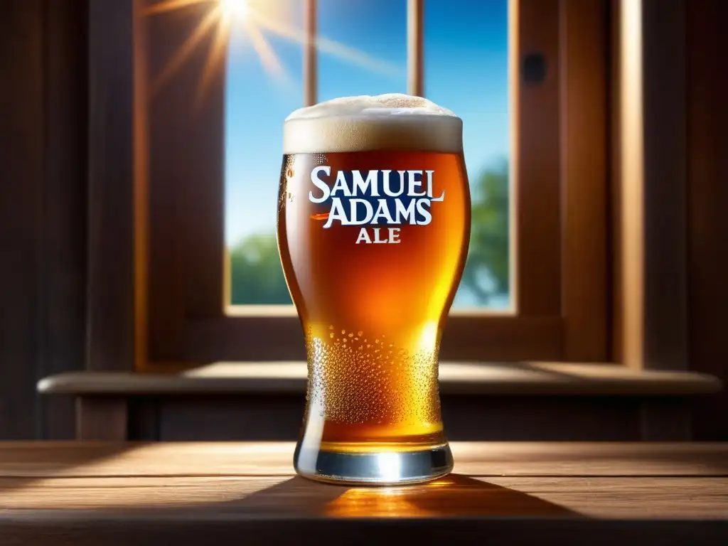 Refrescante vaso de Samuel Adams Summer Ale en mesa de madera Cerveza Golden Ale en vaso frío sobre mesa de madera con luz solar