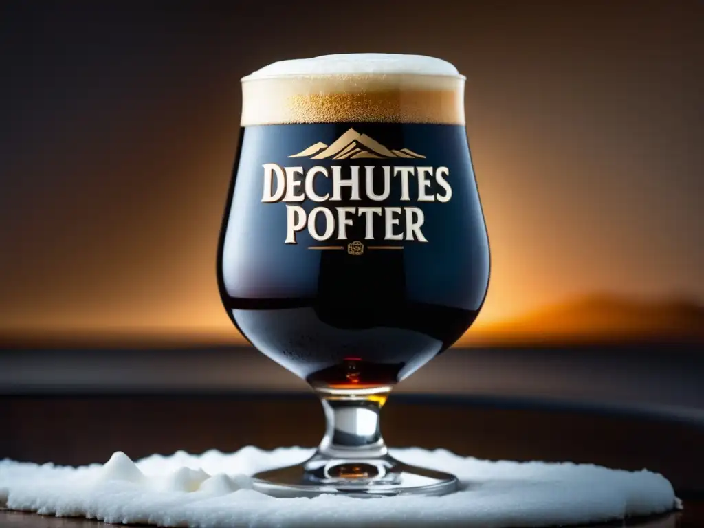 Cerveza negra Deschutes Black Butte Porter Vaso de Deschutes Black Butte Porter, cerveza oscura y cremosa con detalles texturizados y tonos ámbar