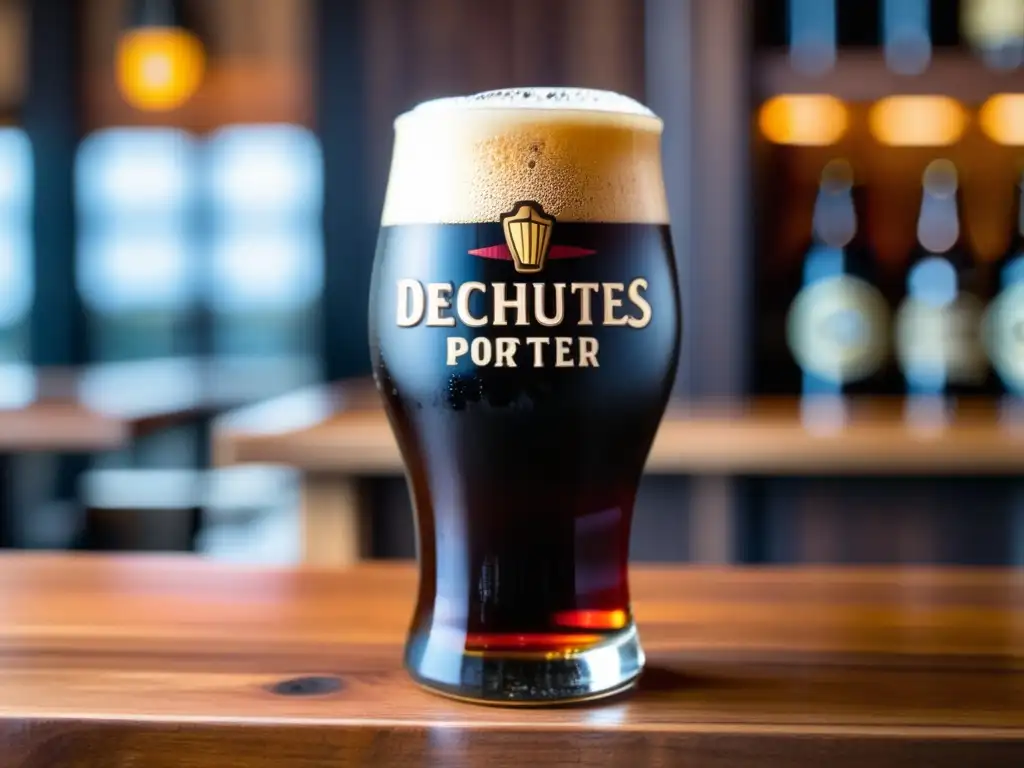 Cerveza Deschutes Black Butte Porter Cerveza Deschutes Black Butte Porter en vaso, color marrón oscuro con burbujas cremosas y condensación en mesa de madera