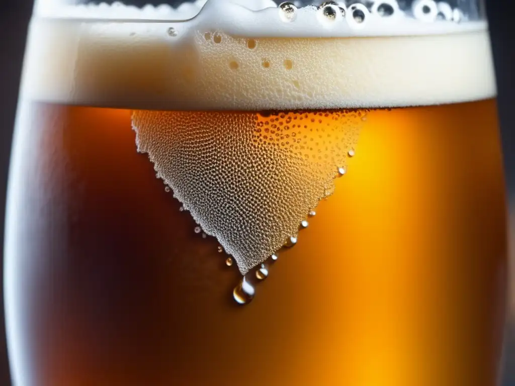 Cerveza Double IPA con color ámbar, espuma espesa y burbujas en movimiento