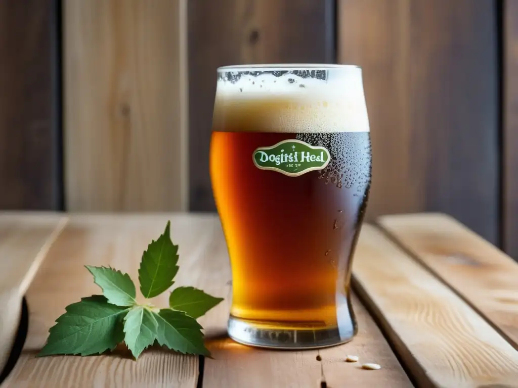 Cerveza Dogfish Head: arte y artesanía Cerveza Dogfish Head artesanal, dorada y espumosa, rodeada de lúpulos y granos de cebada